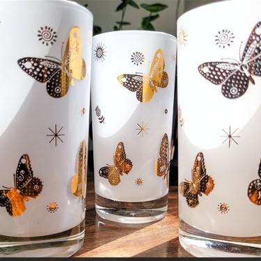5 Georges Briard 22k Gold Butterfly Cocktail Glasses on Milk Glass, RARE Georges Briard 