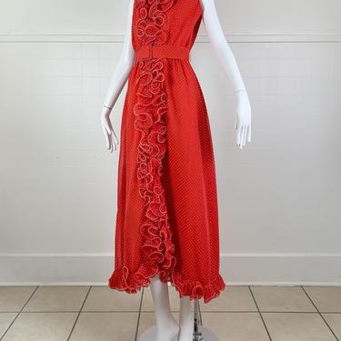 1960s Red Polkadot Ruffle Maxi Dress with Belt / Small 