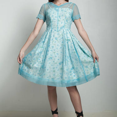 vintage 50s sheer blue overlay dress floral scalloped sleeve basque waistline SMALL S 