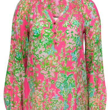 Lilly Pulitzer - Green & Pink Floral Printed Silk Blouse Sz XS