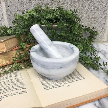 Vintage Marble Marble Mortar and Pestle Retro 1990s Herbs and Spice Grinder + Apothecary + Pharmaceutical + Light Grey Stone + Kitchen Decor 