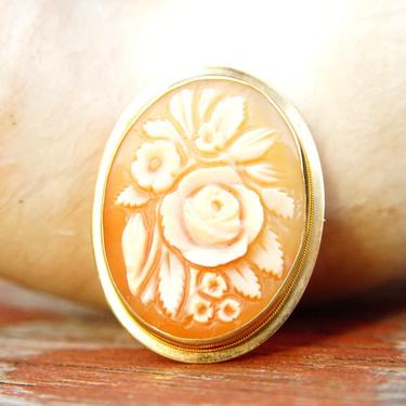 Vintage 14K Gold Flower Cameo Pendant/Brooch, Classic Relief Cameo, Caved Pink &amp; White Shell, Yellow Gold Frame, Flora Motifs, 