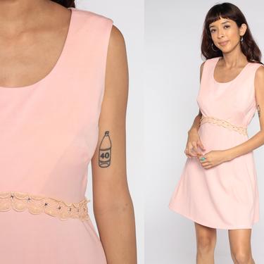 60s Mod Dress Baby Pink Rhinestone Dress Party Mini Space Age Minidress High Waist Vintage 70s Sleeveless 1970s Twiggy Gogo Small S 