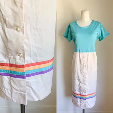 Vintage 1970s Turquoise and Biege Rainbow Striped Dress / L 