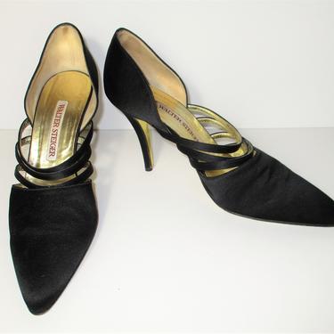 Vintage 1980s Walter Steiger Pumps, Wedding Guest Shoes, Black Heels, size 37 1/2 Women 