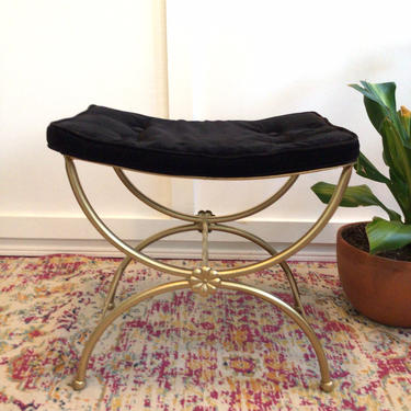 Vanity Seat Stool, 1960s Vanity Stool, Metal seat, tufted black and gold stool 