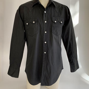 1960'S Western Cowboy Shirt - Black Cotton - ROCKMOUNT Ranch Wear - Square Snap Buttons - Men's Tailored Medium 