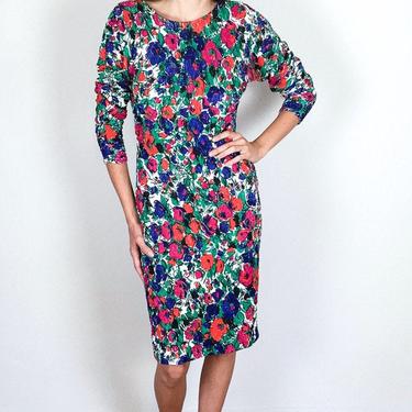 Bright Floral Patterned 90's Stretch Dress 
