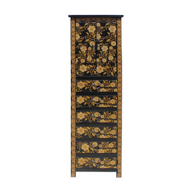 Chinese Black Golden Flower Graphic Tall Slim Multi Drawers Cabinet cs5791E 