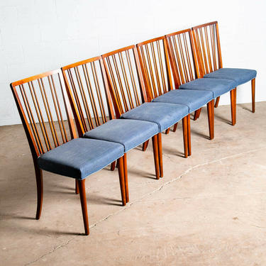 Mid Century Modern Dining Chairs Set 6 Teak Blue Danish Spindle Vintage Denmark