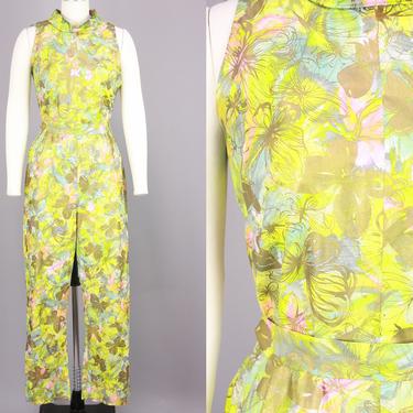 1960s BUTTERFLY Jumpsuit | Vintage 60s Metallic Gold & Bright Neon Color Pant Suit | small 