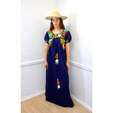 Oaxacan Dress // vintage 70s sun Mexican hand embroidered floral maxi 1970s boho hippie cotton hippy navy blue // S/M 