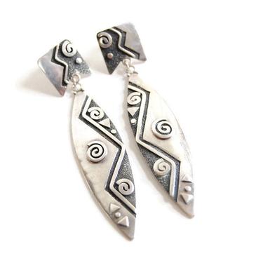 Tribal Modernist Dangle Earrings Vintage Southwestern Silver Geometric 3D Jewelry Sterling Silver Native American Style Boho Drop Earrings 