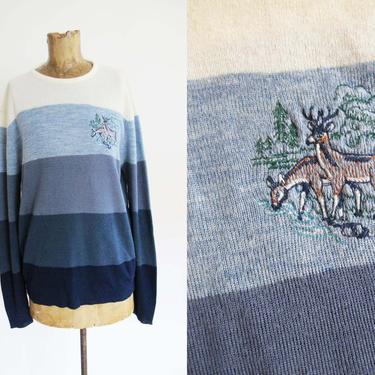 Vintage 70s Striped Sweater M L - Gradient Blue Embroidered Deer Sweater - 1970s Clothing - Nature Wildlife Sweater - Blue Stripe Sweater 