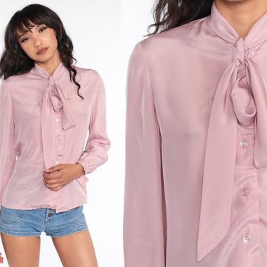Ascot Shirt Secretary Blouse Pink Long Sleeve Top 80s Bow Neck Ascot Top Button Up Vintage 70s Long Sleeve Shirt Medium 