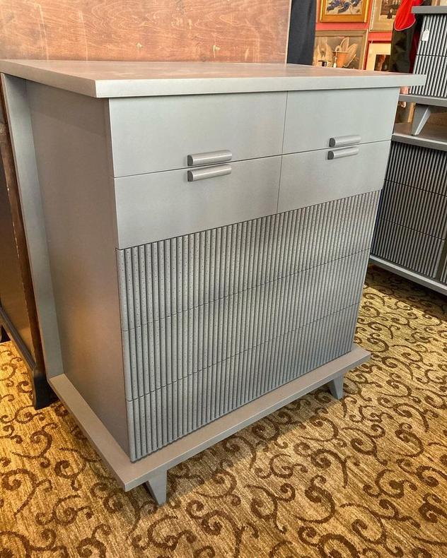 Gray painted mid century chest of drawers. 5 drawers. 38” x 20.5” x 42” 