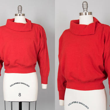 Vintage 1980s Sweater | 80s BENETTON Bright Red Knit Wool Angora Slouchy Turtleneck Cropped Pullover Top (medium/large) 