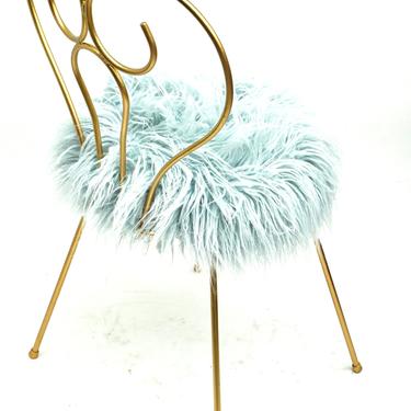 Mid-Century Hollywood Regency Heart Shaped Gold Metal &amp; Light Blue Mongolian Faux Fur Vanity Chair || Glam Boudoir Stool 