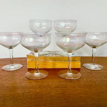 Set of 6– Vintage Champagne Cocktail Coupe Glasses; Clear Iridescent Opalescent Glass; Fostoria Coupes 