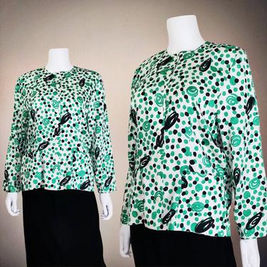 Vintage Mod Silk Blouse, Medium / Abstract Print Green Blouse / Boxy Button Blouse / Bold Midcentury Cocktail Blouse / Long Sleeve Dress Top 