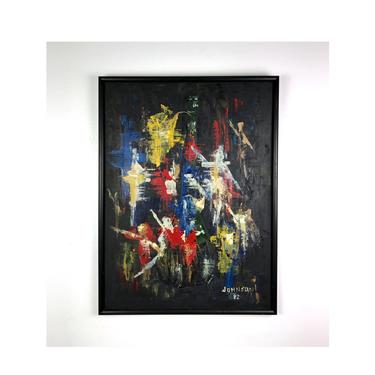 Vintage Modern Signed Abstract Original Painting Black &amp; Primary Colors 
