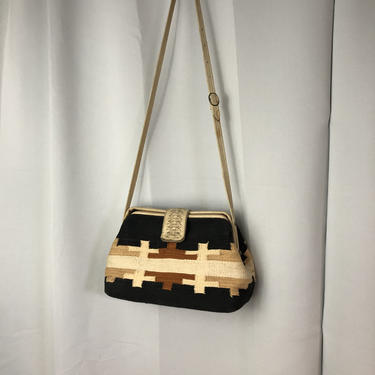 1970s Carpet bag woven textile purse western Pendleton style Crossbody black brown 