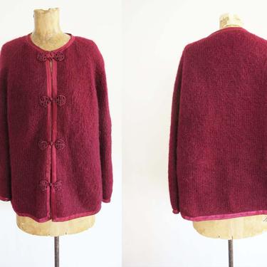 Vintage 60s Wool Knit Jacket S M - 1960s Burgundy Wine Red Fuzzy Knit Jacket - Frog Buttons Chinoiserie - Solid Color 
