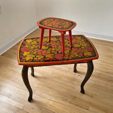 Vintage Hand Painted Russian Lacquer Table &amp; Stool Set 