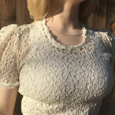 Dreamy 1930s Cotton Lace Puffed Sleeve Summer Gown Vintage Bridal Summer Wedding 34 Bust 