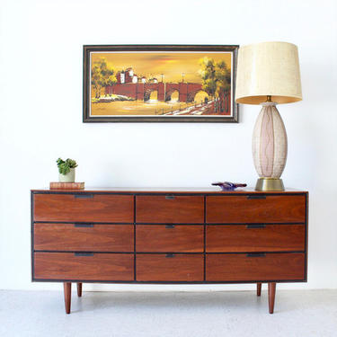 Sleek Vintage Walnut 9 Drawer Dresser