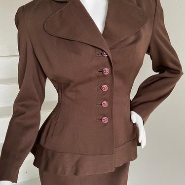 Amazing 1940s Chestnut Wool Gabardine Suit Peplum 32 Bust True Vintage Miss Modes Petite Junior 