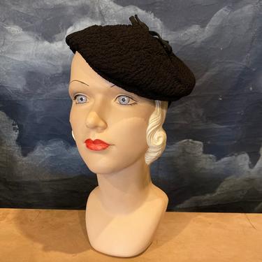 Vintage 1930s - 40s Black Textured Rayon Tilt Hat 