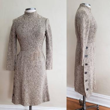 1950s Beige Tweed Wool Day Dress Long Sleeved / 50s Winter Dress Oatmeal Gray Side Buttons Studio Six / Agnetha 