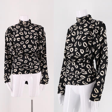 80s UNGARO novelty print blouse : black &amp; white lipstick kiss print rayon with wrap around waist tie top vintage 1980s size 42 8 