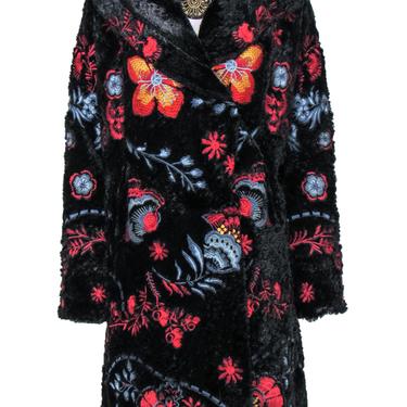 Biya Johnny Was - Black Faux Fur Floral Embroidered Hooded Longline Coat Sz XS