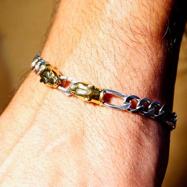 Vintage Italian Sterling Silver Gold Panther Figaro Chain Bracelet, 7mm Heavy Silver Chain, Accent Gold Panther Clasp, 8 1/4&amp;quot; L 