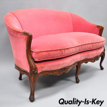 Antique French Louis XV Style Carved Walnut Settee Loveseat Canape Pink Sofa