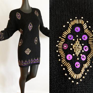 Vintage 80s Bedazzled Sweater Dress 1980s Beaded Black Mini Dress Tunic Top Purple Sequins Gold Beads Dynasty Holiday Christmas Party sz M L 