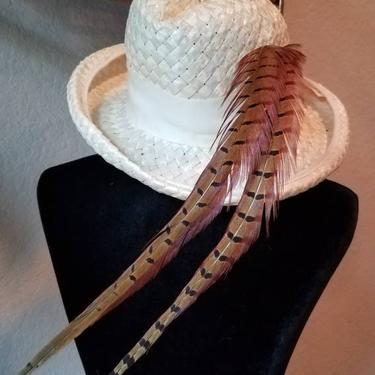 Cream hat vintage woven with two extra long pheasant feathers, 1980s 