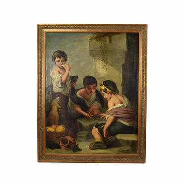 19th C. Beggar Boys Playing Dice w Dog Painting After Bartolomé Esteban Murrillo 