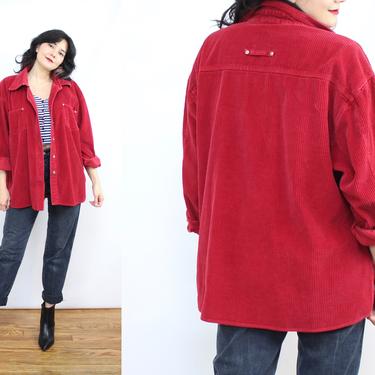 Vintage 90's Red Corduroy Painters Shirt / 1990's Minimalist Button Up Shirt / Flannel / Women's Size Medium Large XL 