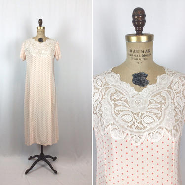 Vintage 30s dress | Vintage pale pink pink polka dot dress | 1930 lace shift dress 