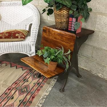 LOCAL PICKUP ONLY Vintage Cast Iron and Wood School Desk Retro 1940's End Table or Plant Stand with Fold Up Seat 