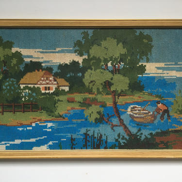 Vintage Needle Art Lake Scene, Man With Boat, Lake Cottage, Lake House Art, Farmhouse Art, Counted Cross Stitch 