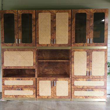 Mid Century Modern Milo Baughman Style Brass and Cane Wall Unit 