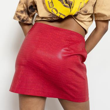 RED METALLIC SNAKE mini skirt mid rise vintage Stretchy Slinky Party club wear short bright / 40 Inch Hips / Size 9 