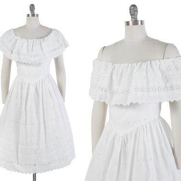 Vintage 1980s Dress | 80s Off The Shoulder Eyelet White Cotton Full Skirt Sundress (small/medium) 