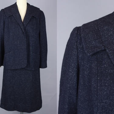 1960s MIDNIGHT BLUE Wool Suit | Vintage 60s Two Piece Skirt Suit | medium 