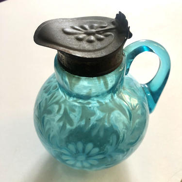 Small Vintage Blue Glass Creamer with Floral Pattern 