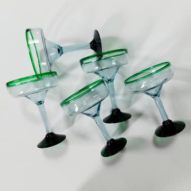 Handblown Green Rim Margarita Glasses (set of 5)